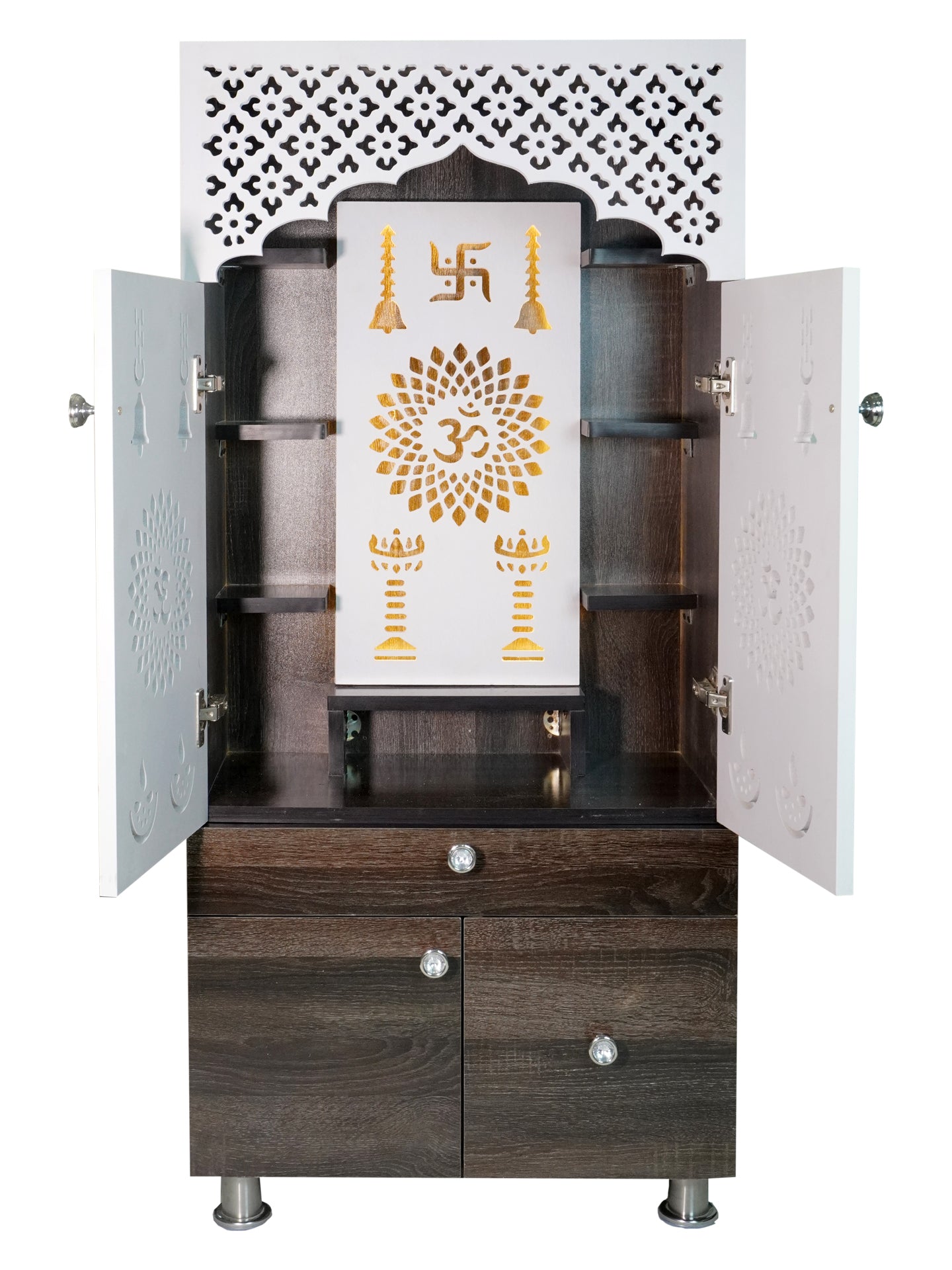 Wooden Pooja Mandir for Home with LED Light & Storage | Modern Temple Cabinet with Drawer & Shelves