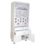 White Wooden Pooja Mandir with LED Light & Storage | Modern Home Temple Cabinet with Drawer & Shelves