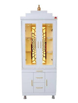 White Wooden Pooja Mandir with Glass Doors and Storage