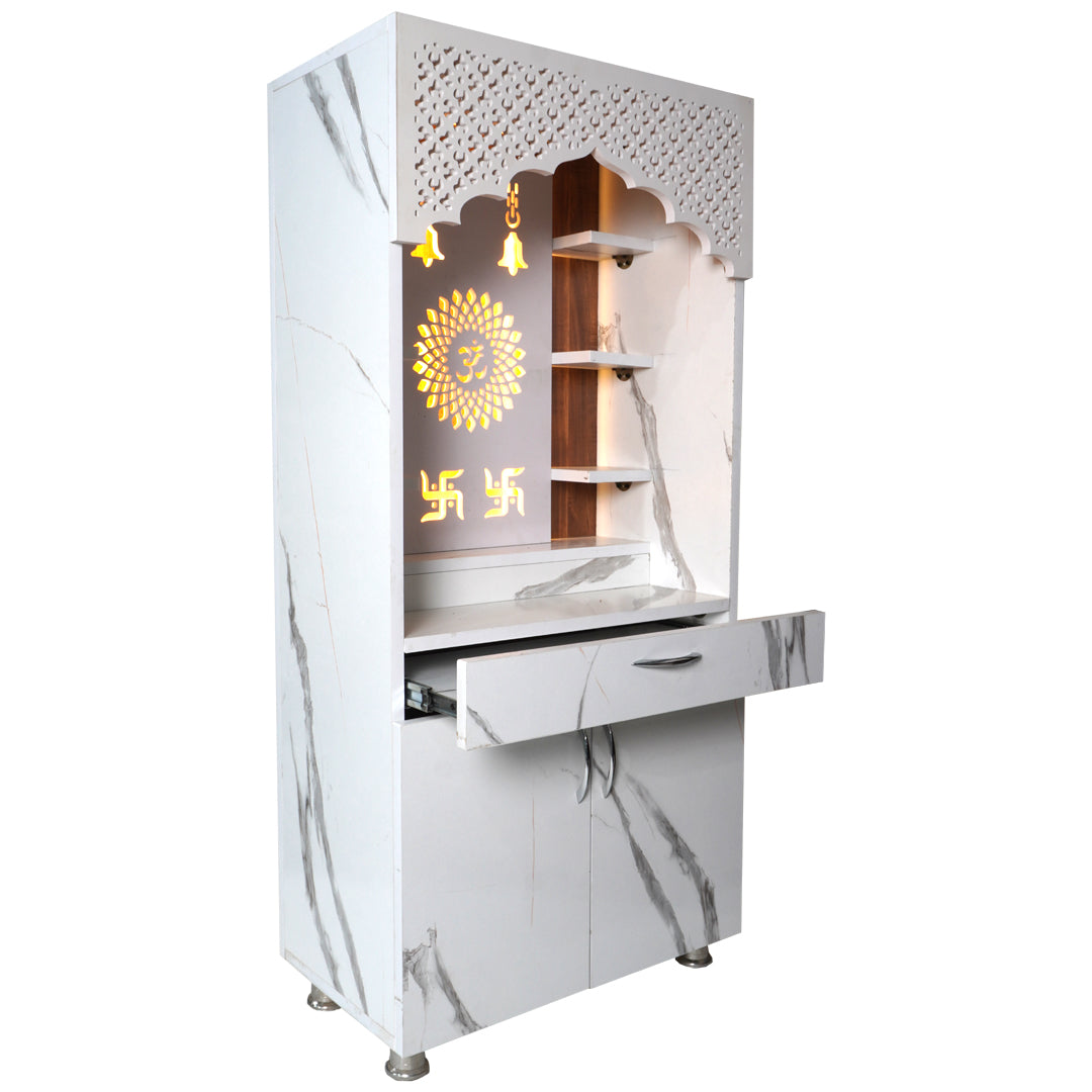 Modern Wooden Temple for Home with Storage | White Marble Finish Mandir with LED Om & Swastik Design – 130x60x34 cm