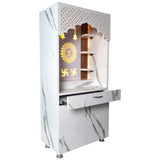 Modern Wooden Temple for Home with Storage | White Marble Finish Mandir with LED Om & Swastik Design – 130x60x34 cm