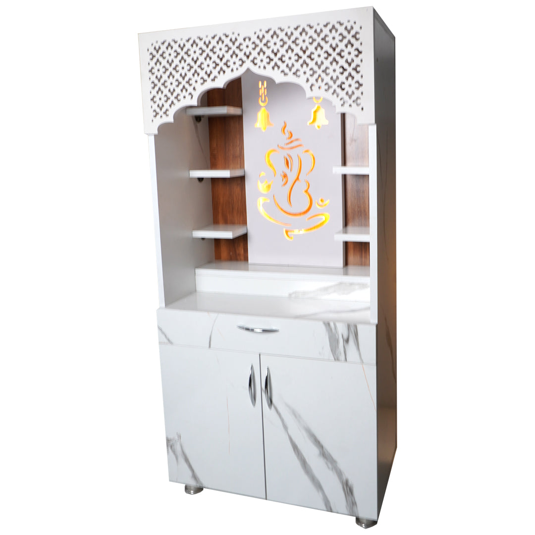 Modern White Marble Finish Mandir with LED Ganesh Design – 130x60x34 cm | Wooden Temple for Home with Storage