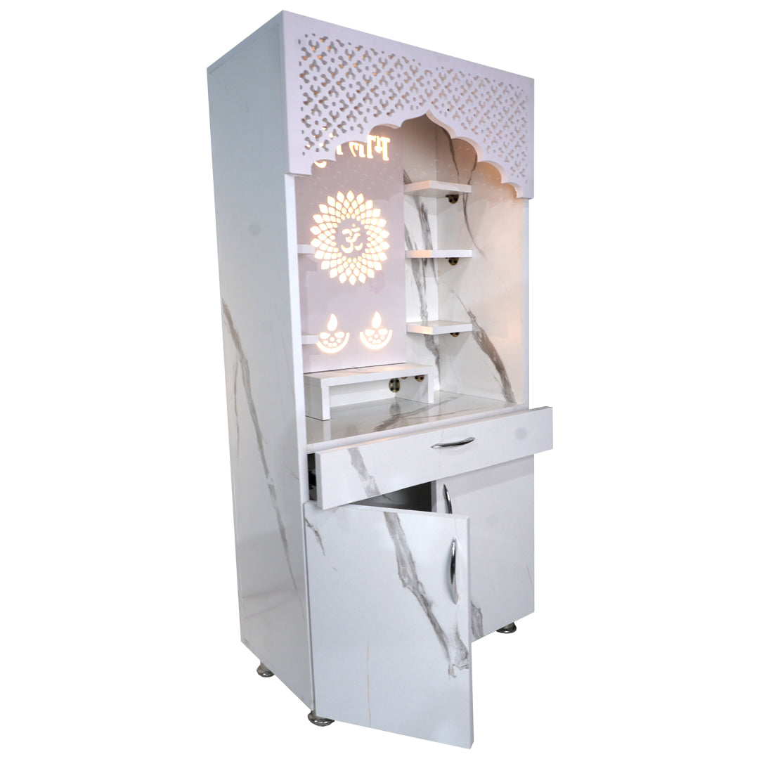 Premium Shubh Labh Wooden Mandir with LED Light – White & Brown Home Temple with Storage (130x60x34 cm)