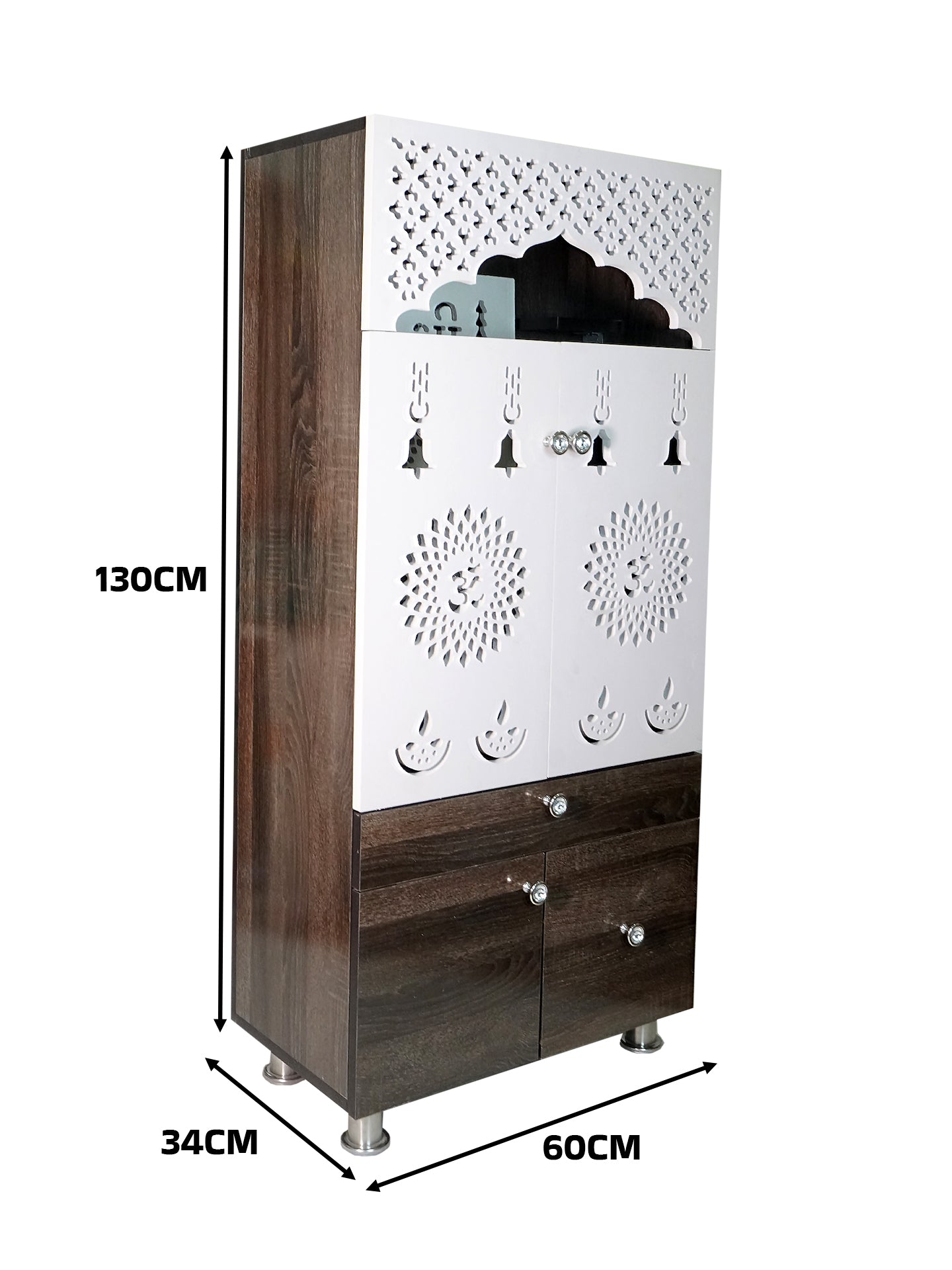 Modern Wooden Mandir with LED Panel & Storage Drawers | Brown & Black Pooja Cabinet (130x60x34 cm)