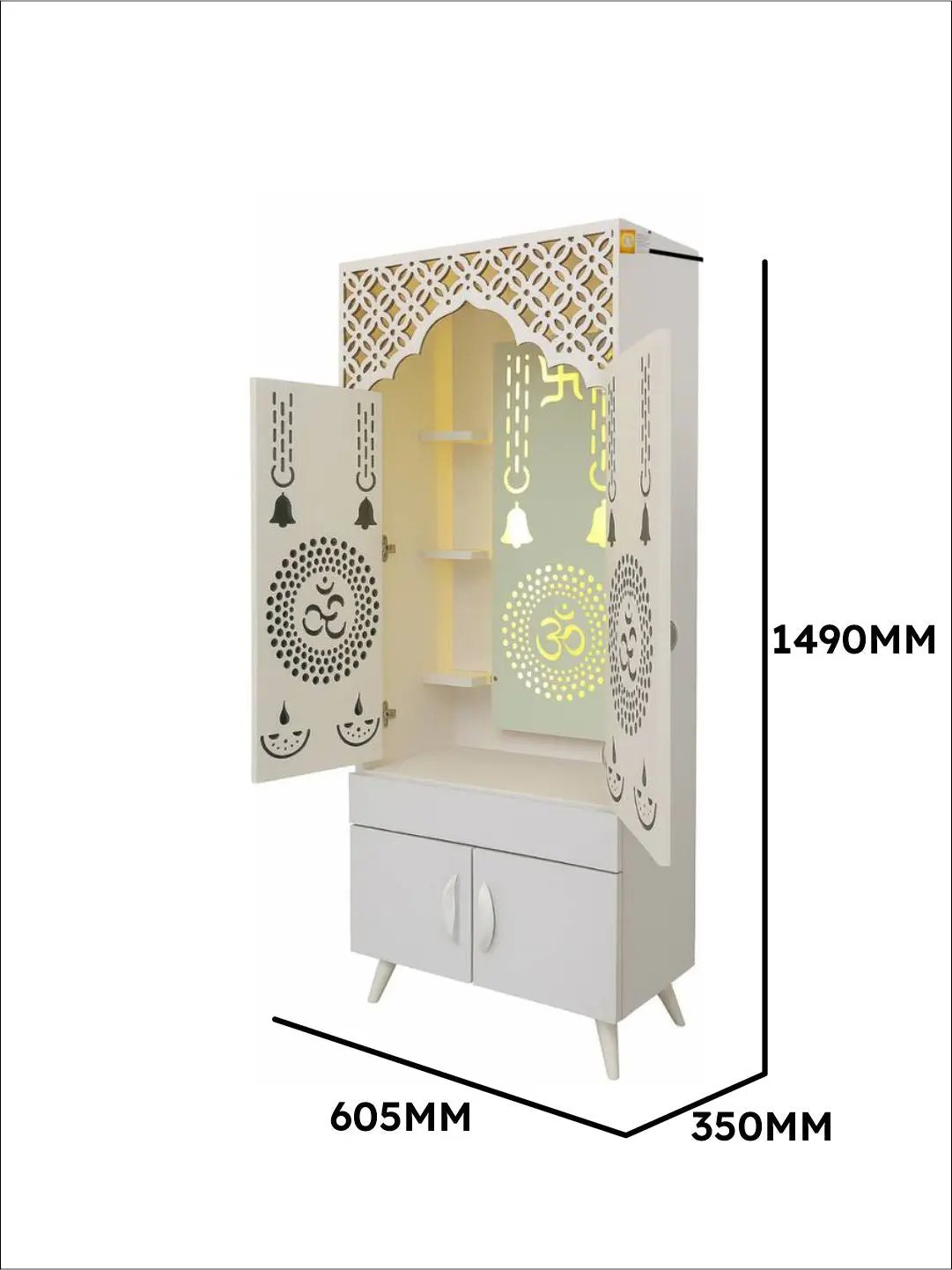 White Wooden Mandir with LED Backlight & Storage