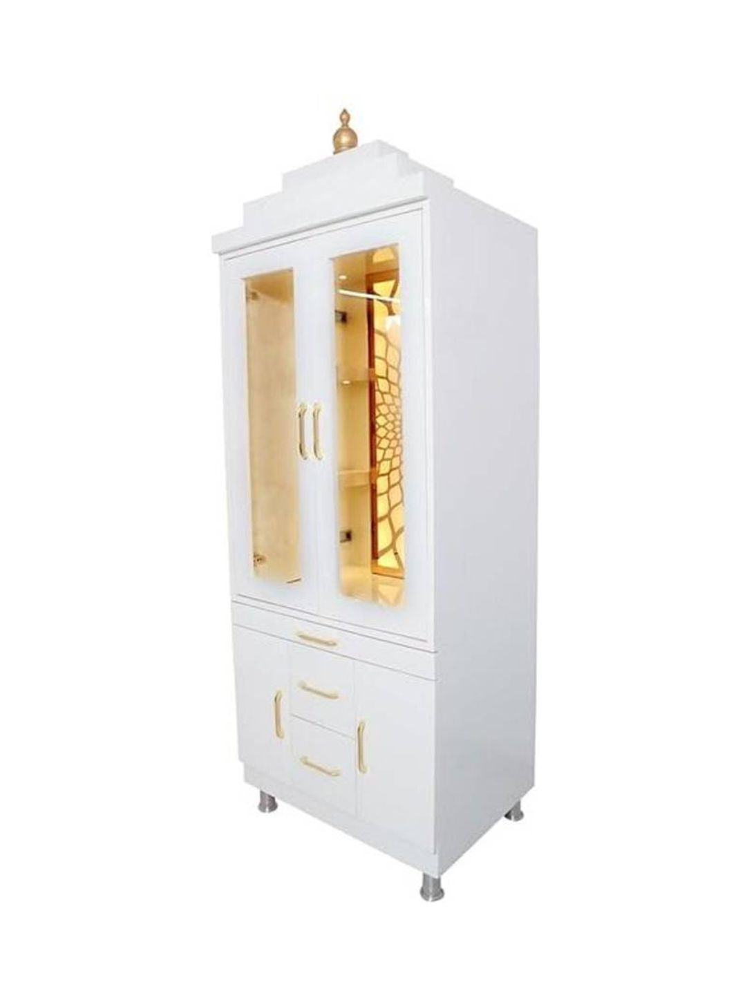 White Wooden Pooja Mandir with Glass Doors and Storage