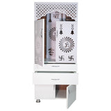 Premium Wooden Mandir for Home with LED Om Panel, Double Drawer & Storage Cabinet | Modern White Pooja Temple Unit
