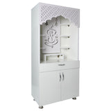 White Wooden Temple for Home with LED Light | Modern Pooja Mandir with Storage | 130x60x34 cm | The Mandir Company
