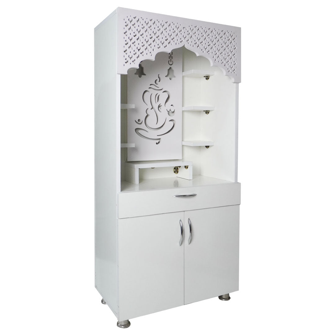 White Wooden Temple for Home with LED Light | Modern Pooja Mandir with Storage | 130x60x34 cm | The Mandir Company
