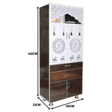 Wooden Home Mandir with LED Light & Storage Drawers – White, Brown & Black Temple Unit (145x60x34 cm) Modern Pooja Cabinet