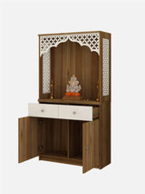 Wooden Pooja Mandir with Carved Arch and Storage