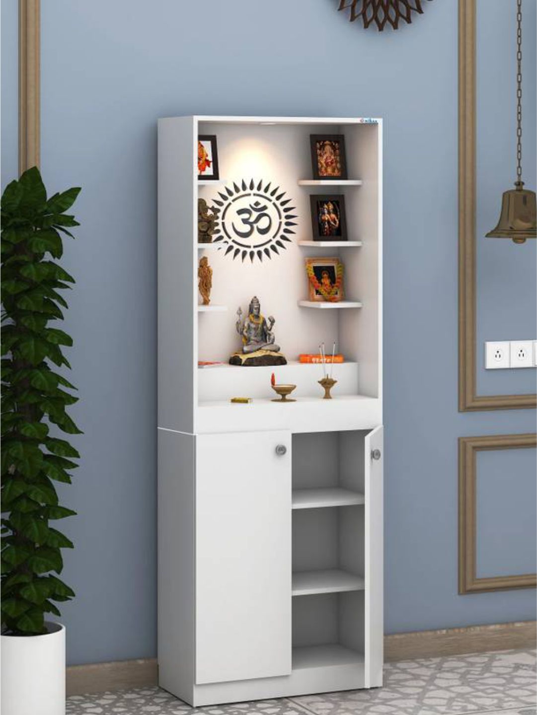Modern Wooden Pooja Mandir with LED Light & Storage Cabinet