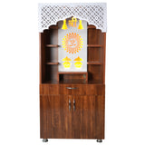 LED Wooden Mandir for Home – White & Brown Finish Temple with Shri Om Design (130x60x34 cm) | Modern Pooja Mandir with Storage