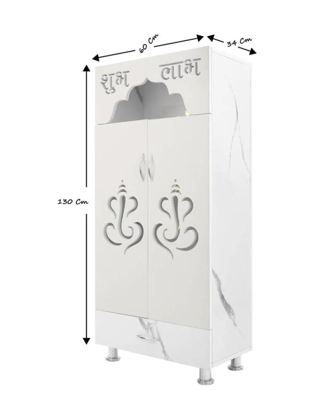Marble Finish Wooden Mandir with Shubh Labh Carving & LED Light (60×34×130 CM) The Mandir Company