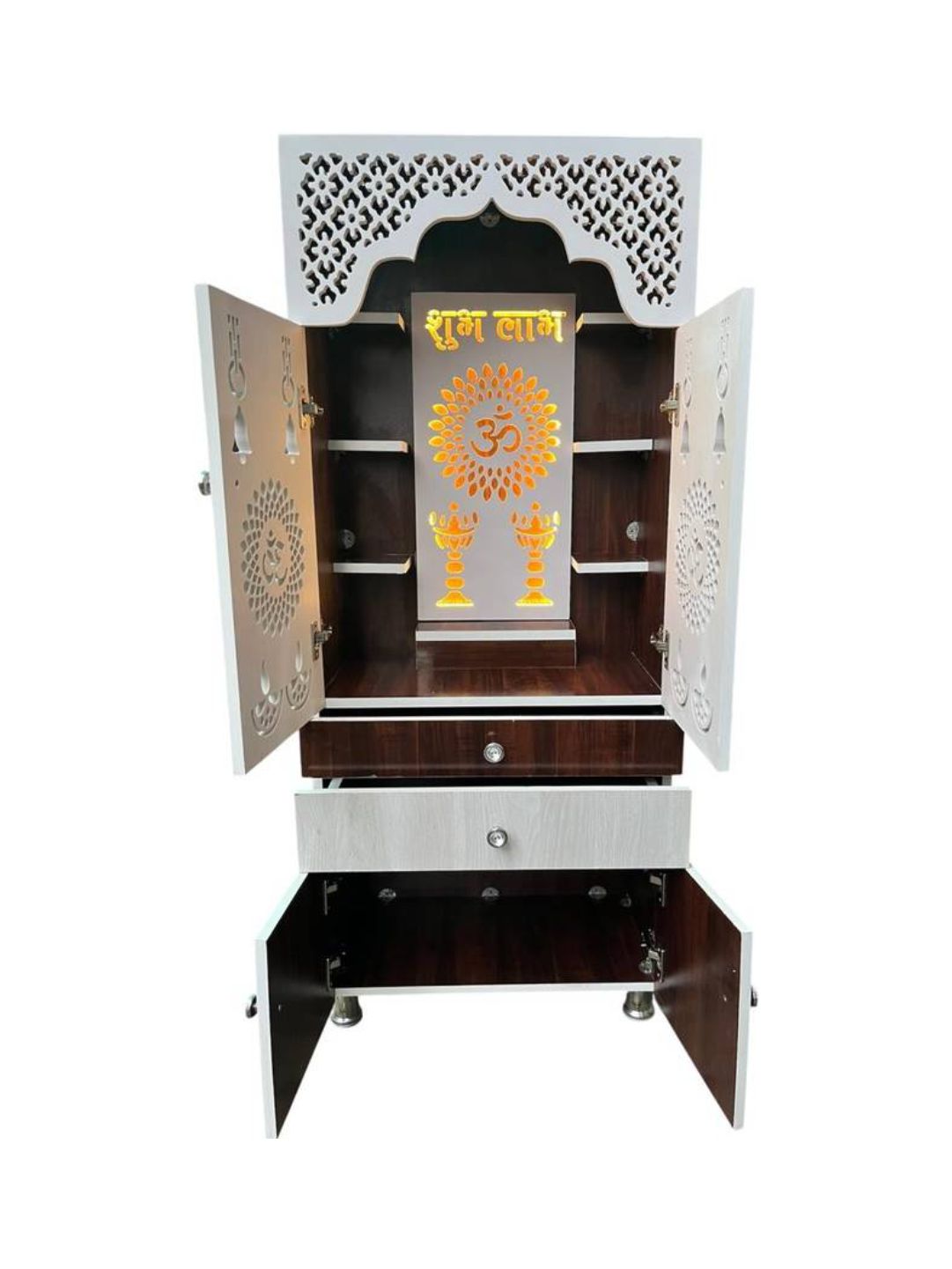 Wood and White Finish Pooja Mandir with Storage