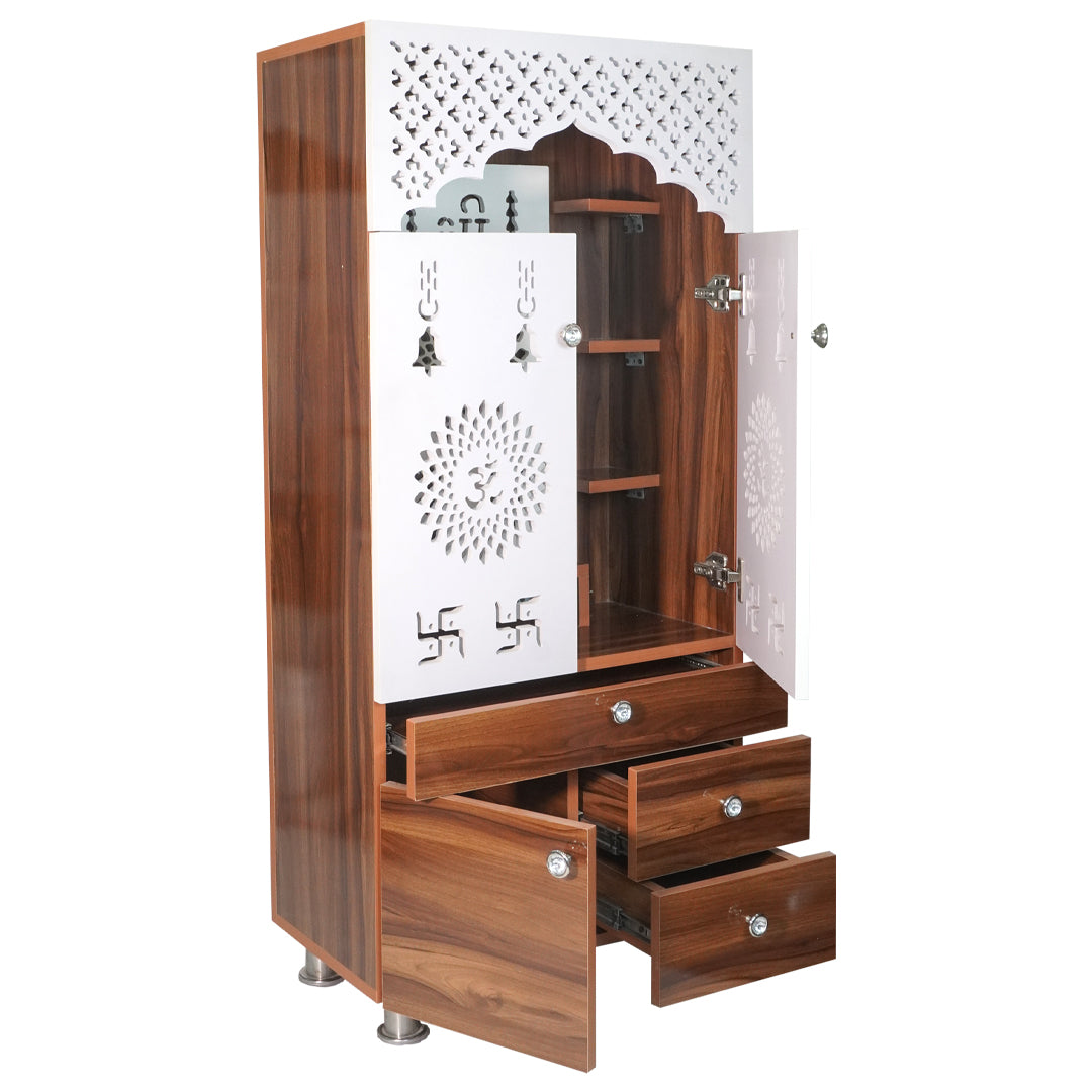 Modern Wooden Mandir with LED Panel & Storage Drawers | Brown & Black Pooja Cabinet (130x60x34 cm)