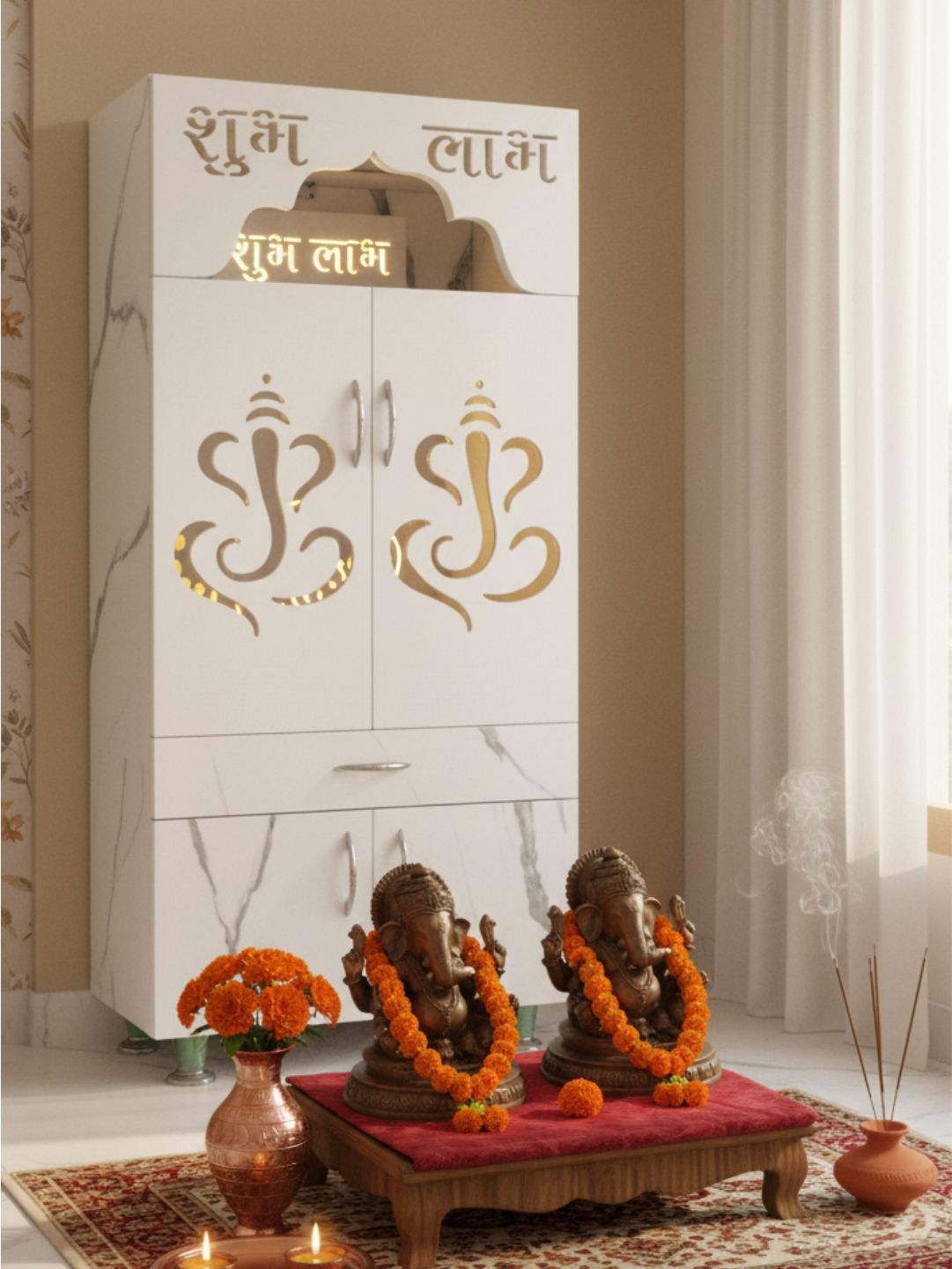 Premium Marble-Finish Pooja Mandir with Shubh–Labh Design