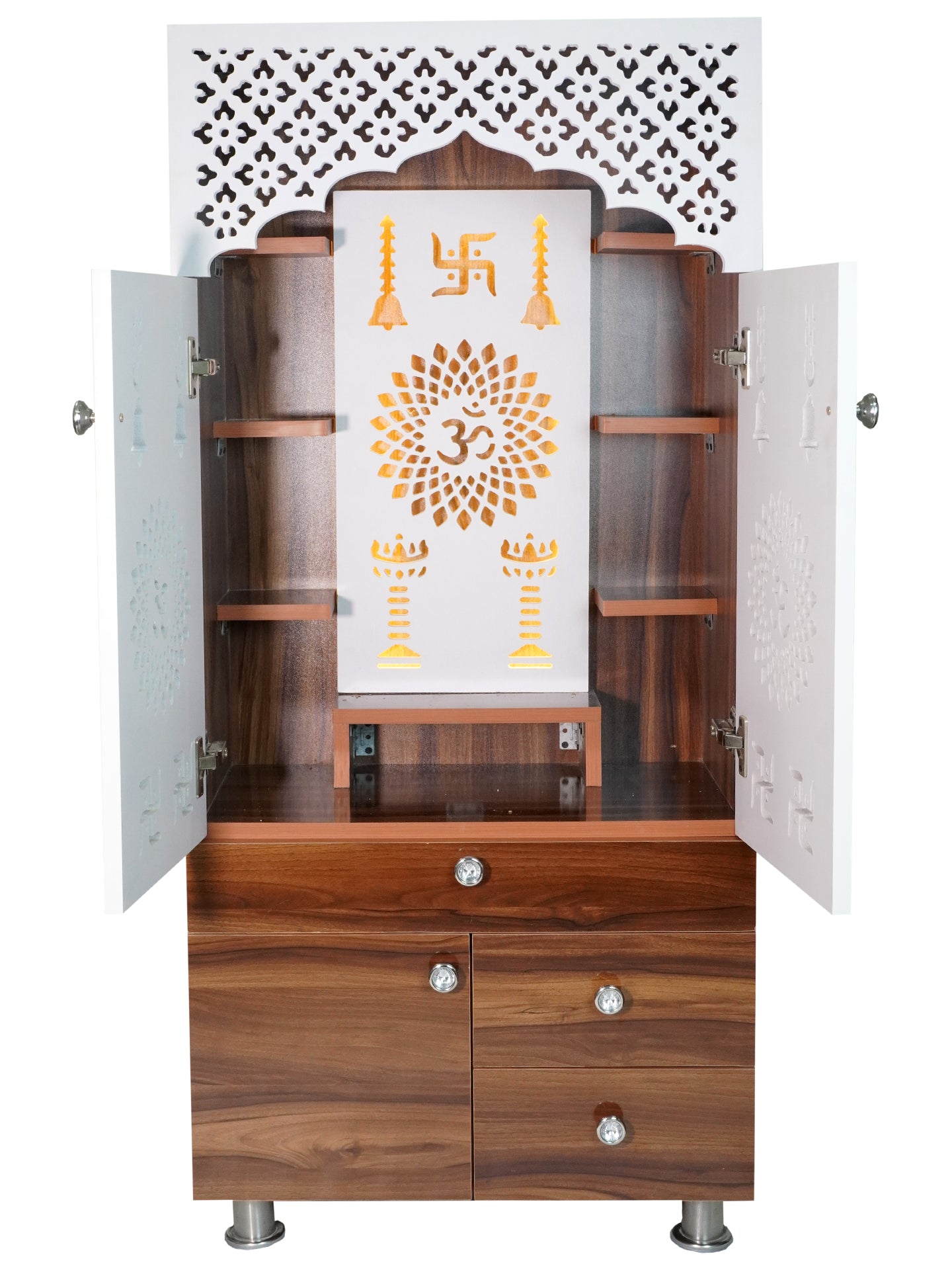 Wooden Pooja Mandir for Home with LED Light & Storage | Modern Temple Cabinet with Drawer & Shelves