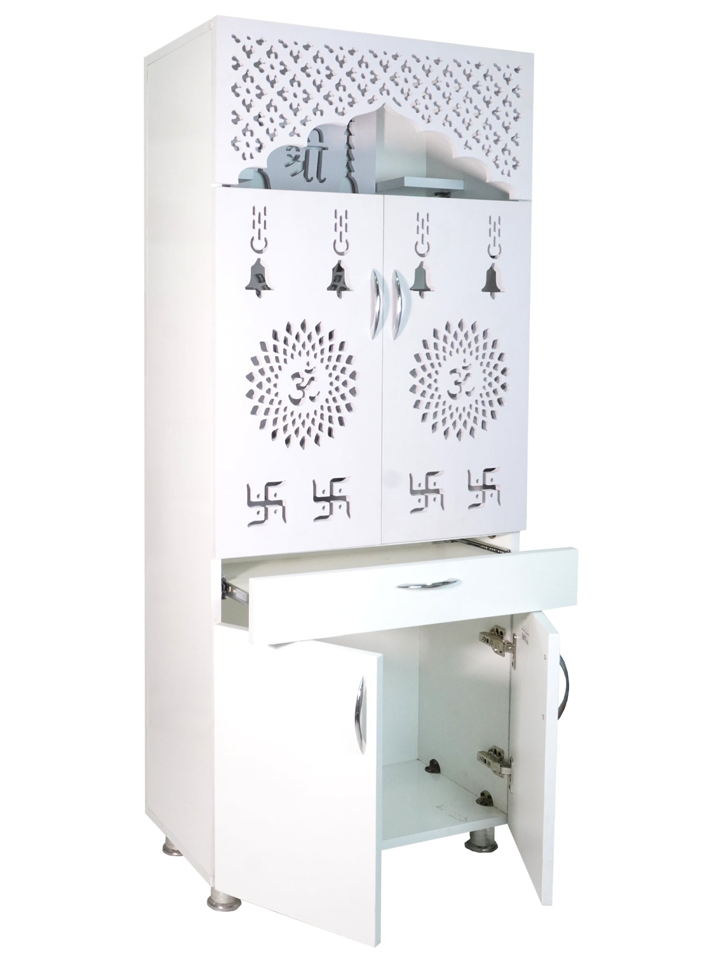 Luxury Wooden Mandir for Home with LED Shree Om Panel & Jaali Design | Modern White Pooja Cabinet with Storage Drawer
