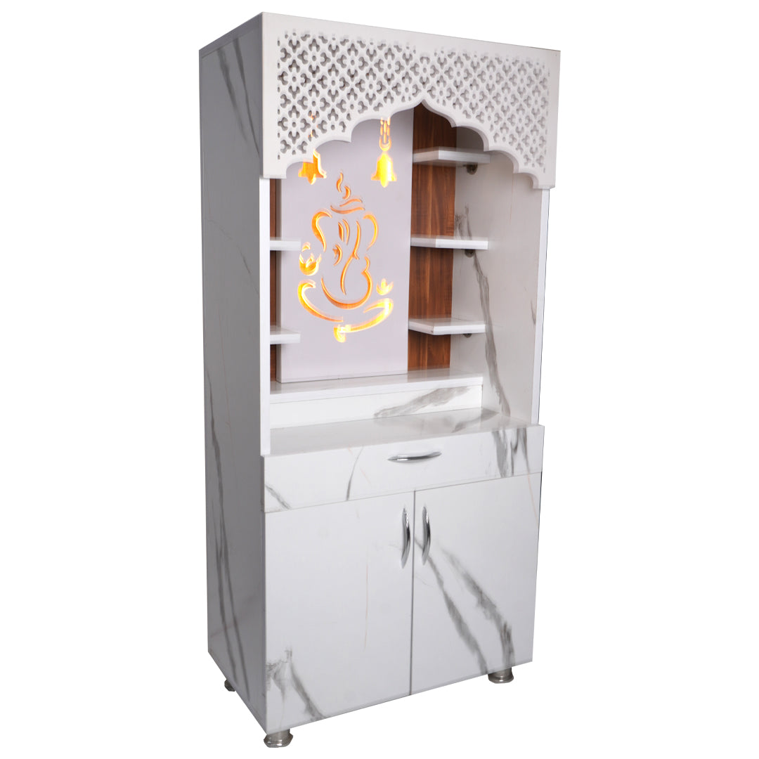 Modern White Marble Finish Mandir with LED Ganesh Design – 130x60x34 cm | Wooden Temple for Home with Storage