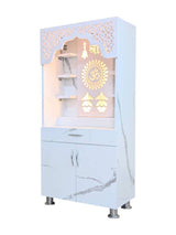 Modern White Pooja Mandir With LED Backlight and Storage