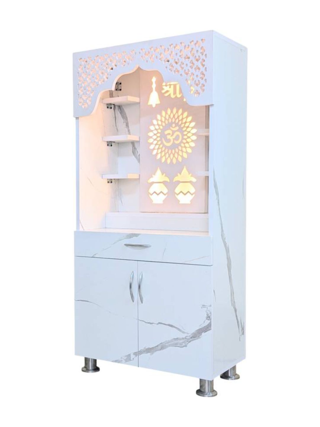 Modern White Pooja Mandir With LED Backlight and Storage