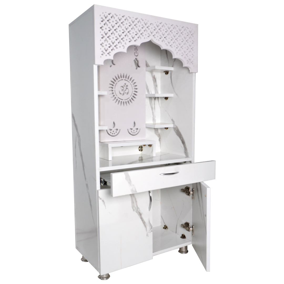 Luxury LED Pooja Mandir for Home – White Marble & Brown Wooden Finish Temple with Storage (130x60x34 cm)