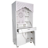 Luxury LED Pooja Mandir for Home – White Marble & Brown Wooden Finish Temple with Storage (130x60x34 cm)