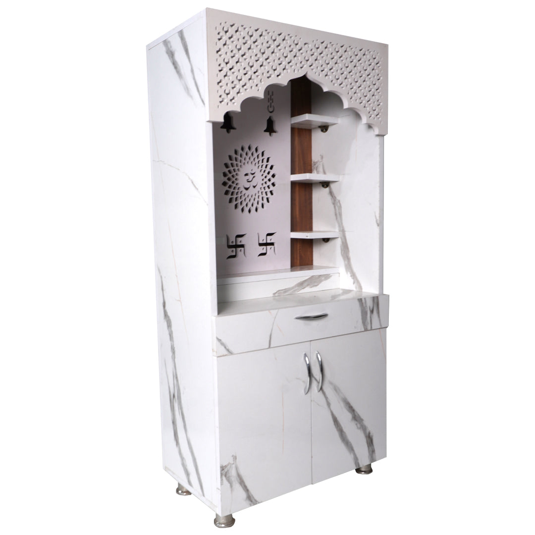 Modern Wooden Temple for Home with Storage | White Marble Finish Mandir with LED Om & Swastik Design – 130x60x34 cm