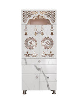 Modern Standing Pooja Mandir With Marble-Finish Design and Decorative Doors