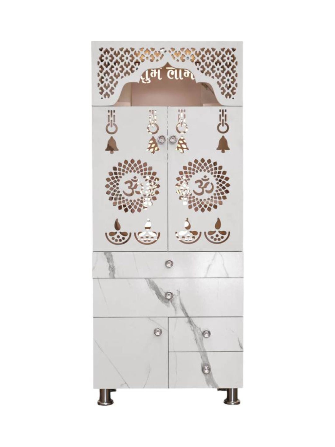 Modern Standing Pooja Mandir With Marble-Finish Design and Decorative Doors