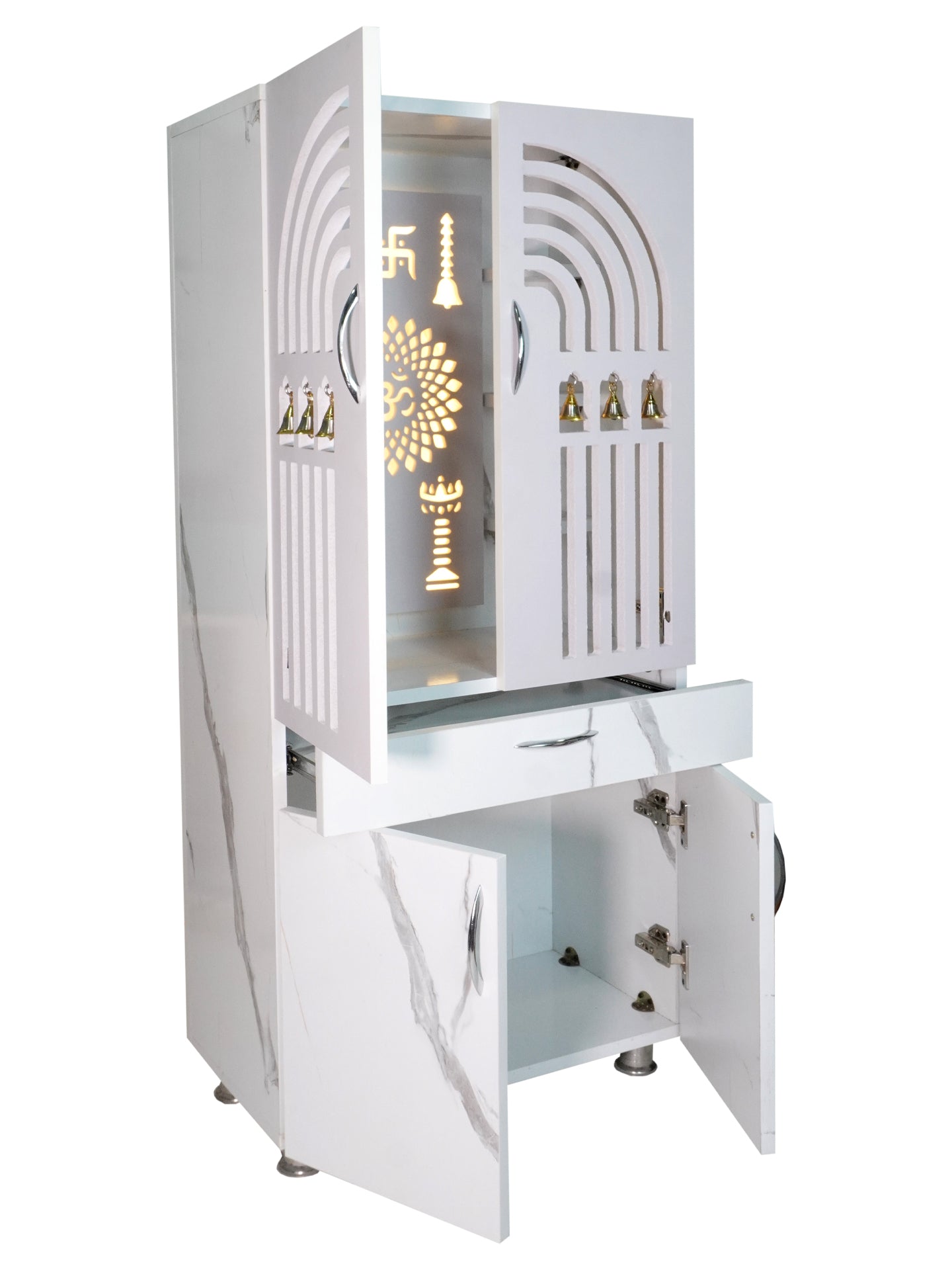 Modern Wooden Mandir for Home with LED Om Panel & Hanging Bells | Designer White Pooja Cabinet with Storage Drawer