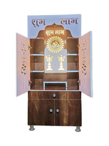 Wooden Pooja Mandir with “Shubh Labh” Design & Storage Cabinet (Dual Tone Finish)