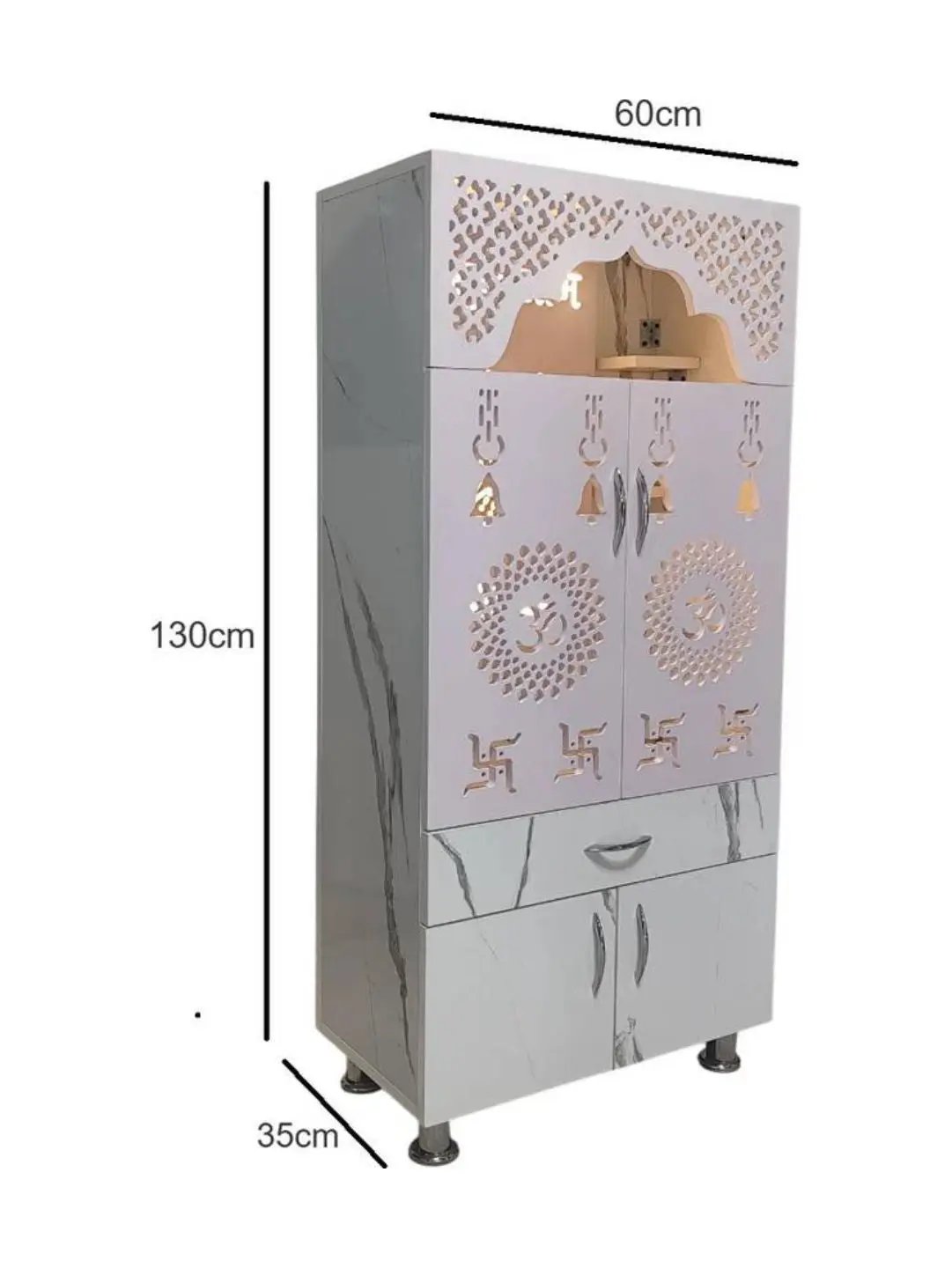 Marble Finish Wooden Mandir with LED Light & Storage – Modern Pooja Mandir for Home (60x35x130 CM) The Mandir Company