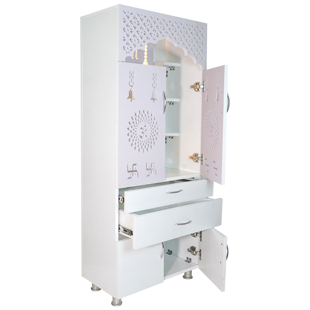 Luxury Wooden Mandir for Home with LED Om Panel & Double Drawer Storage | Modern White Pooja Temple Cabinet