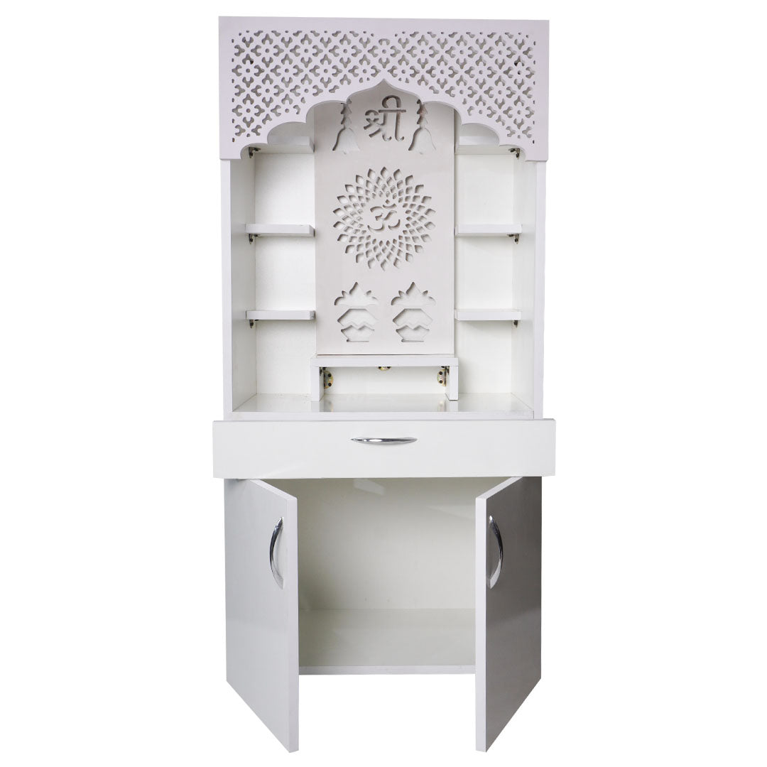 White Wooden Temple for Home with LED Shree & Om Lotus Design | Modern Pooja Mandir with Storage | 130x60x34 cm | The Mandir Company