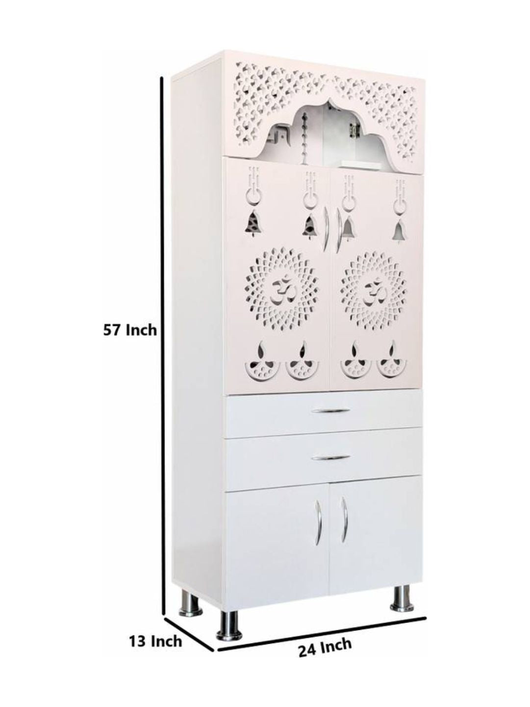 Premium White Wooden Pooja Mandir with Storage & LED Cutwork Design