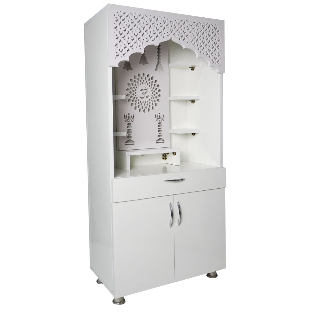 Modern White Wooden Mandir with LED Light & Bell Design – 130x60x34 cm | Home Temple with Storage Cabinet