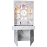 Modern Wooden Mandir with LED Light – White & Brown Finish Temple for Home (130x60x34 cm) | Pooja Mandir with Storage Cabinet