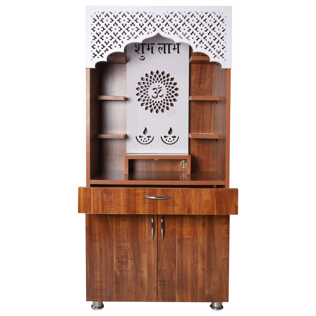 Premium Shubh Labh Wooden Mandir with LED Light – White & Brown Home Temple with Storage (130x60x34 cm)