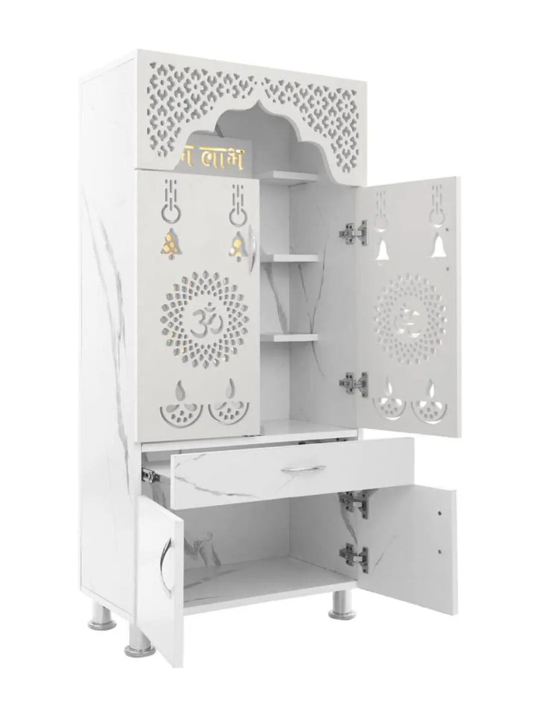 Marble Finish Wooden Mandir with LED Backlight & Storage The Mandir Company