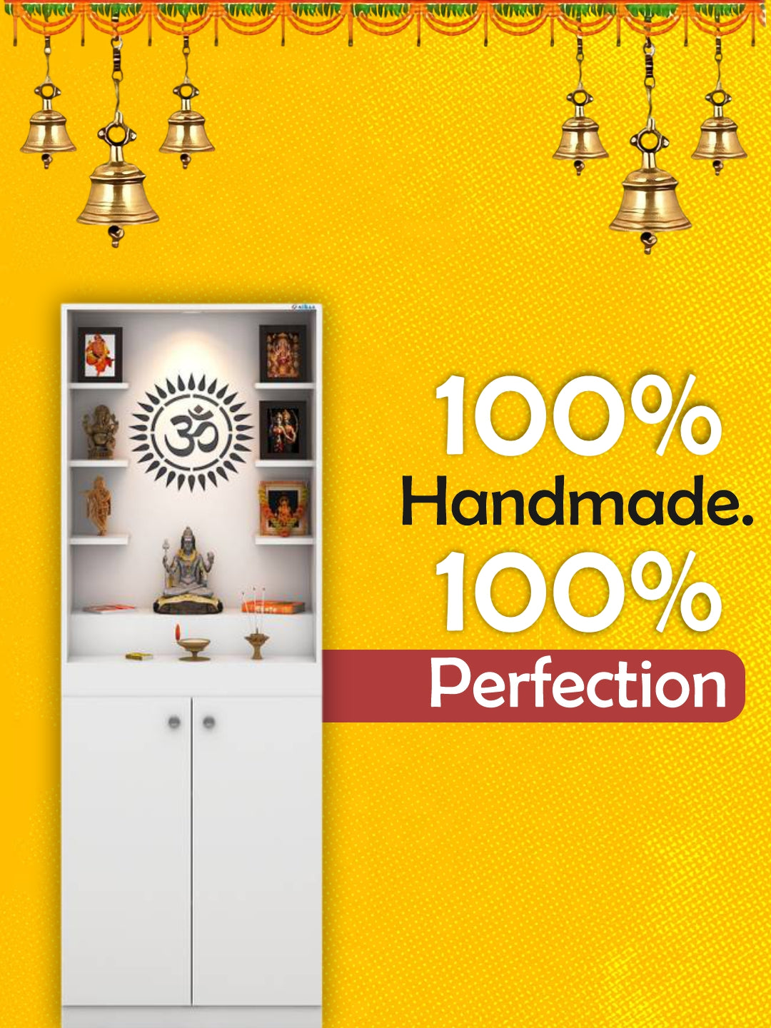 Modern Wooden Pooja Mandir with LED Light & Storage Cabinet