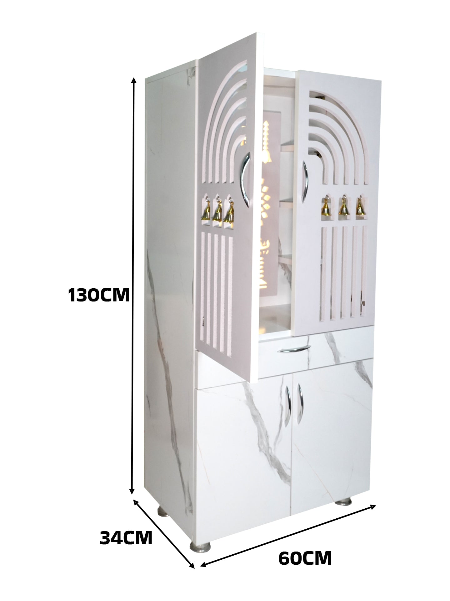 Modern Wooden Mandir for Home with LED Om Panel & Hanging Bells | Designer White Pooja Cabinet with Storage Drawer