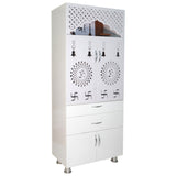 Premium Wooden Mandir for Home with LED Om Panel, Double Drawer & Storage Cabinet | Modern White Pooja Temple Unit