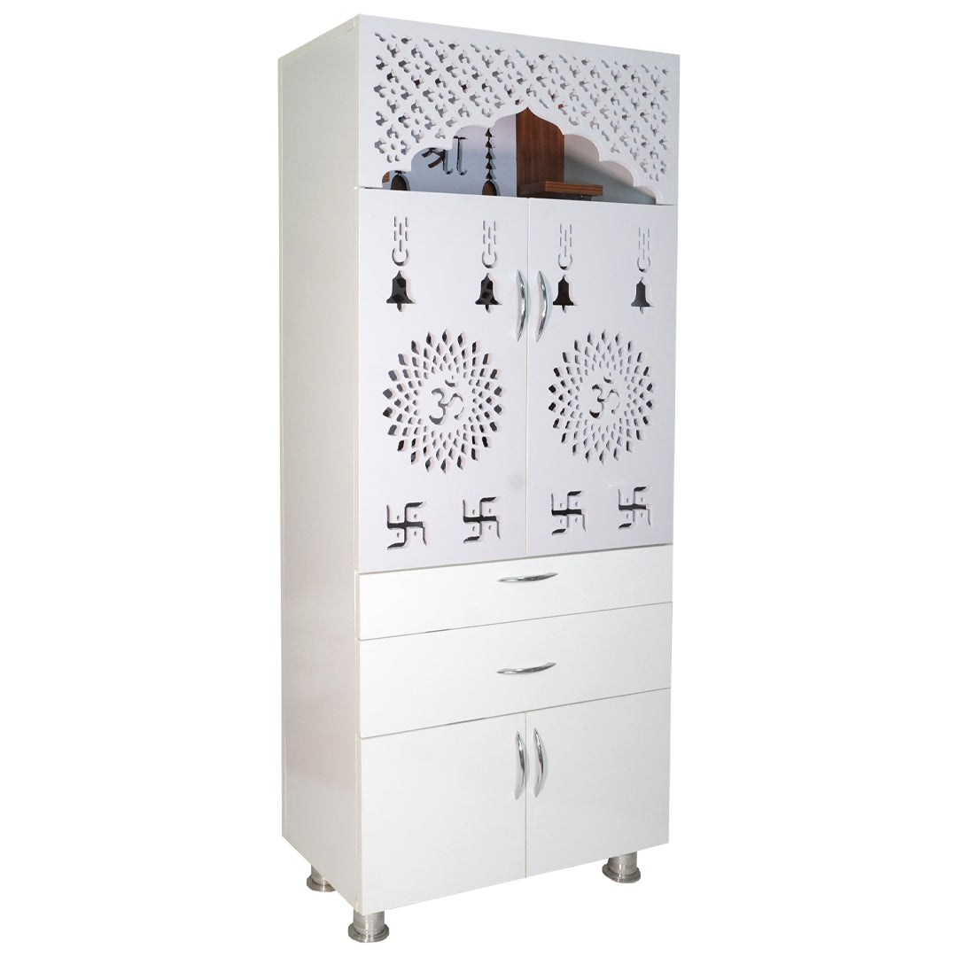 Premium Wooden Mandir for Home with LED Om Panel, Double Drawer & Storage Cabinet | Modern White Pooja Temple Unit