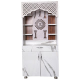 Designer LED Mandir for Home – White Marble Finish Temple with Om & Diya Pillar Design (130x60x34 cm)