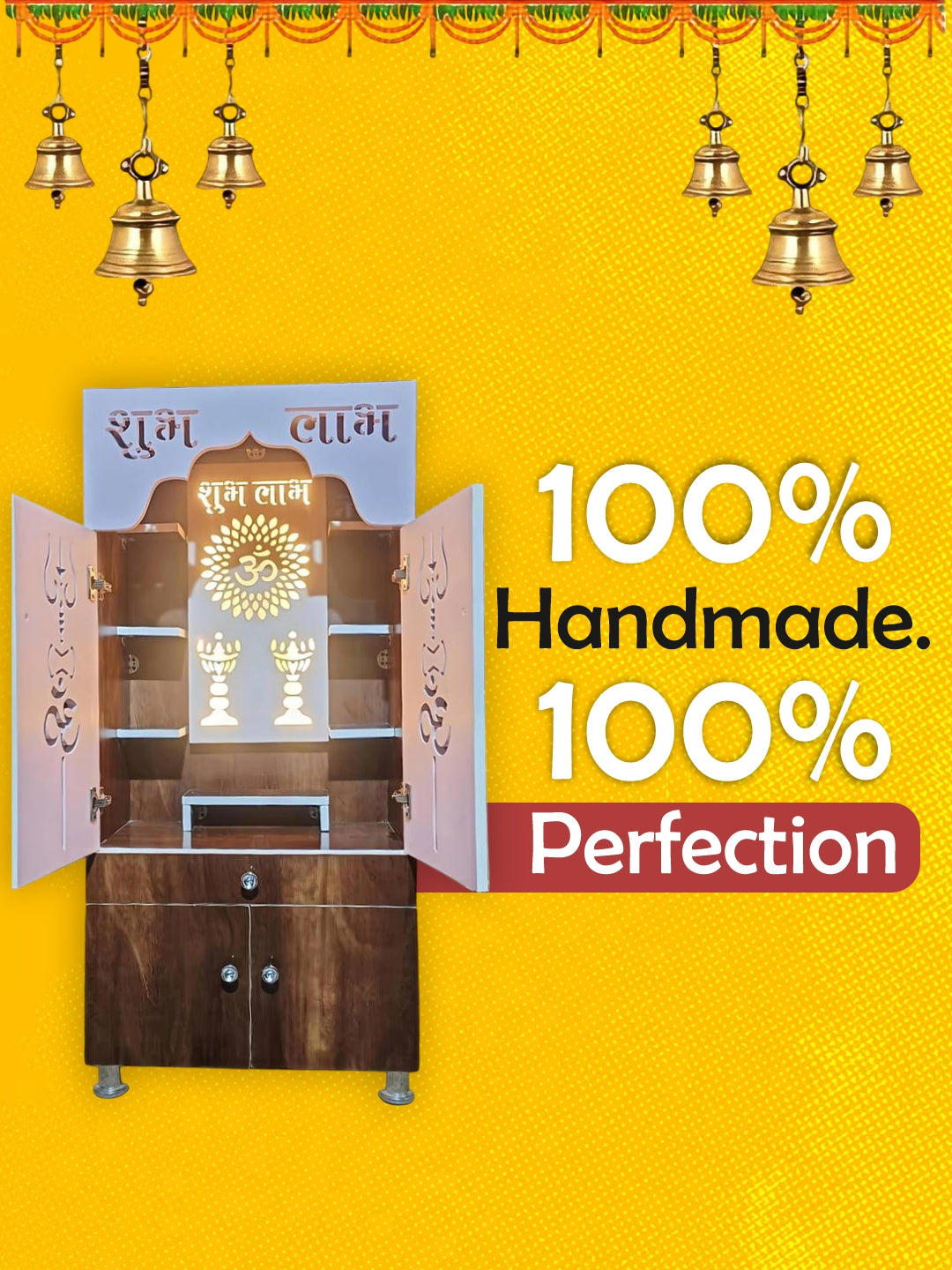 Wooden Pooja Mandir with “Shubh Labh” Design & Storage Cabinet (Dual Tone Finish)