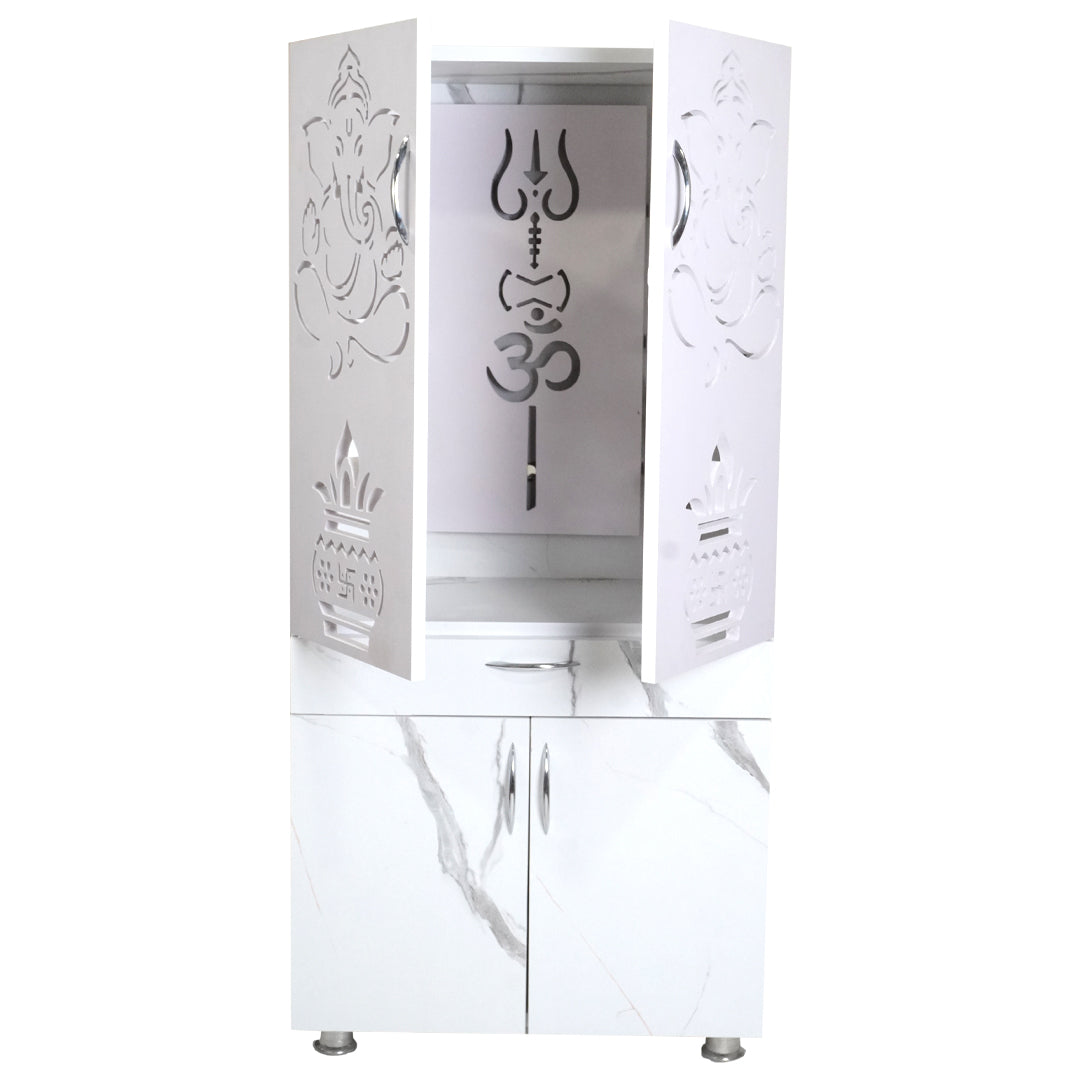 Wooden Mandir for Home with LED Trishul Om Design & Storage | Modern White Pooja Cabinet with Drawer