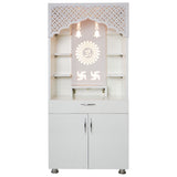 Modern White Wooden Mandir with LED Light – 130x60x34 cm | Home Temple with Storage Drawer & Shelves