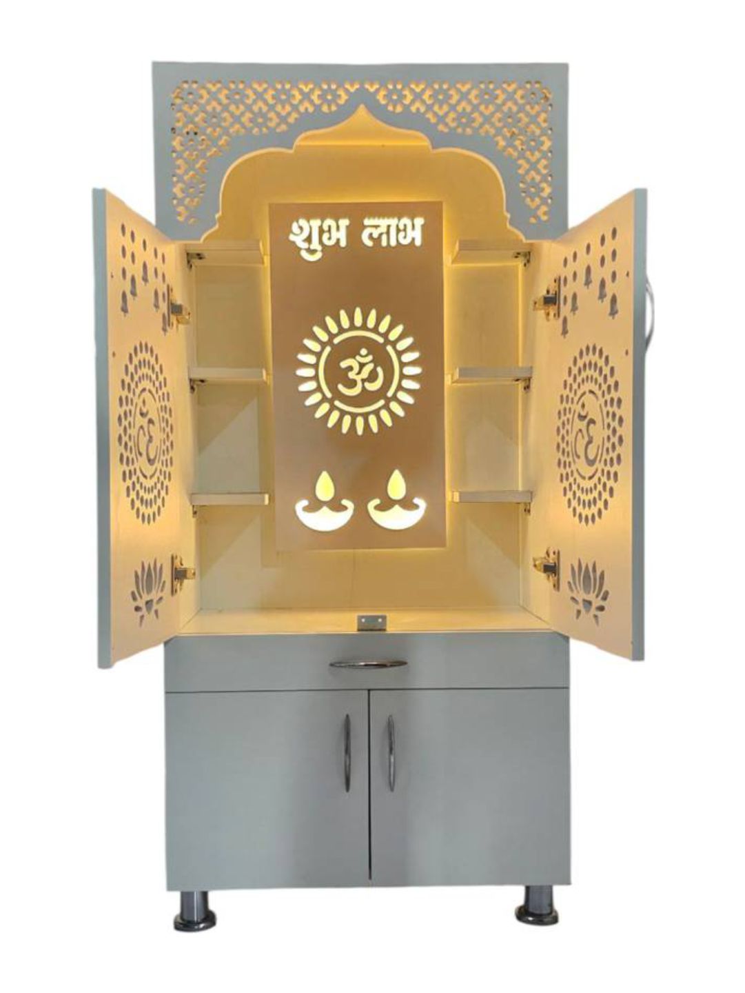 Designer Wooden Pooja Mandir with LED Backlight & “Om” Engraving